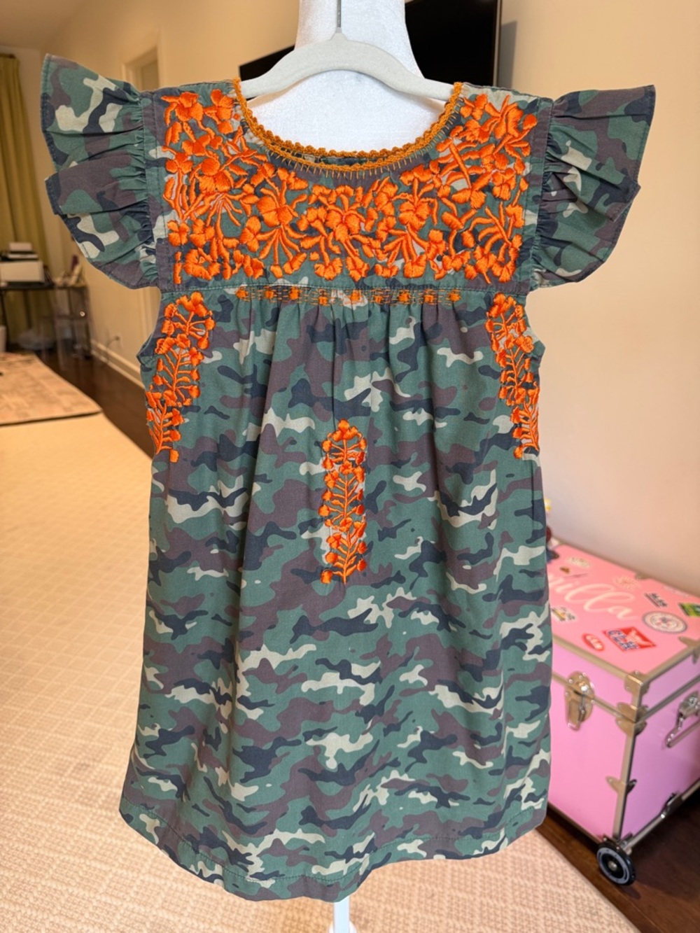 Six Honeybees- Girls Camo Flutter Sleeve Dress w/Orange Floral Embroidery-Size:6